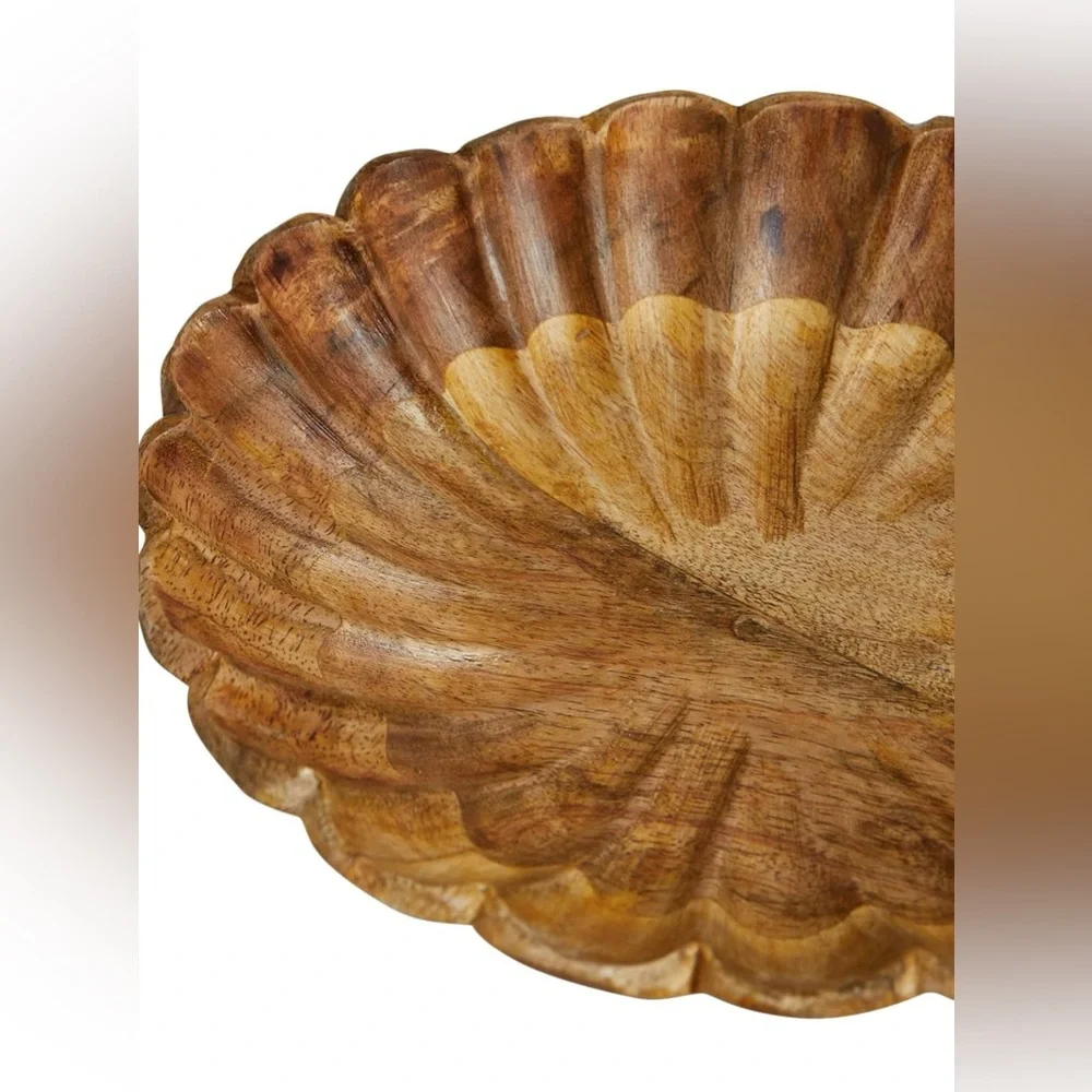 NEW West Elm Large Natural Wood Carved Scalloped Decorative Bowl Centerpiece 8
